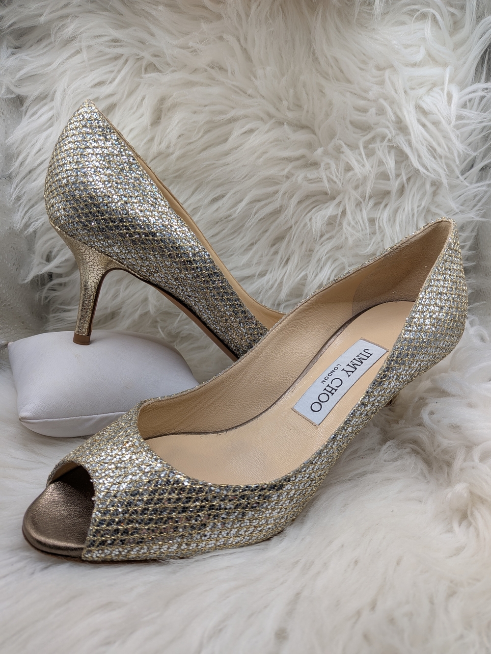 Jimmy Choo Gold Glitter Peep-Toe Heels – 6US / 36EU